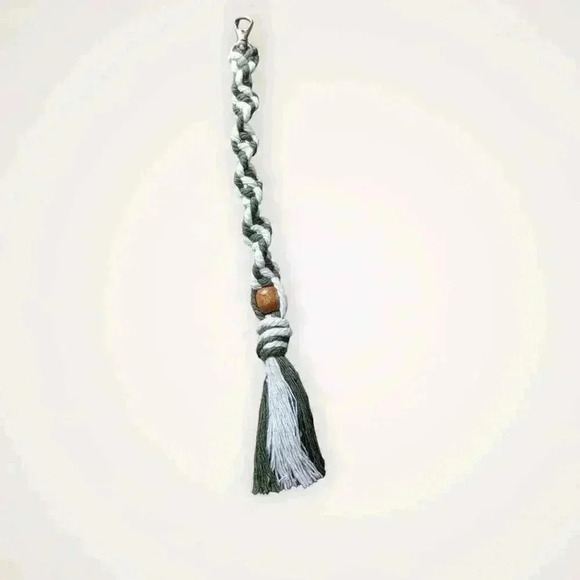 Beige & Army Green Macrame Keychain with Swivel Clasp 10 in. Handmade - Picture 1 of 1